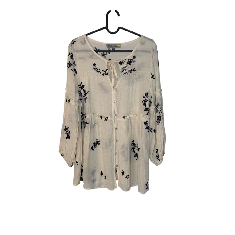 Figueroa & Flower Cream Black Embroidered Flowers Flowy Boho Top L Festival